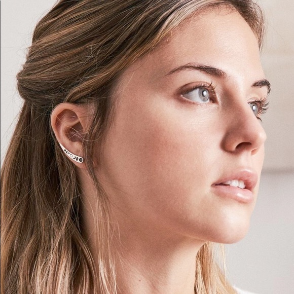 Silver Tone Crescent Moon Phase Climber Earrings - Picture 3 of 7